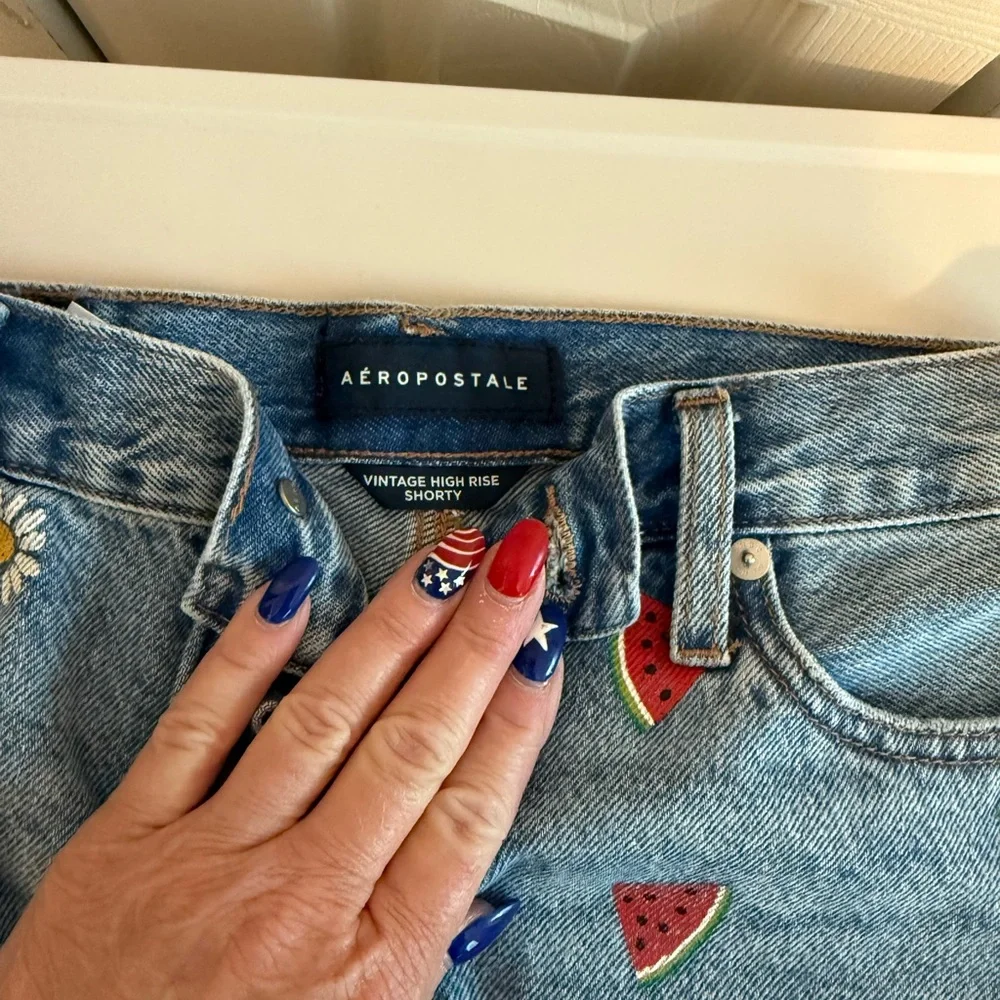 Aeropostale Blue Jean Shorts with Watermelon and Daisy‎ Embroidery